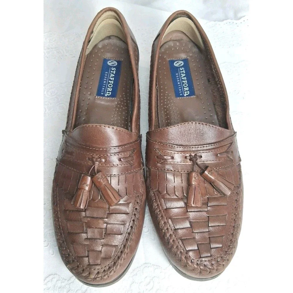 Mens Stafford Brown Weave Leather Slip On Oxford Dress Tassel 9.5D Comfort Event